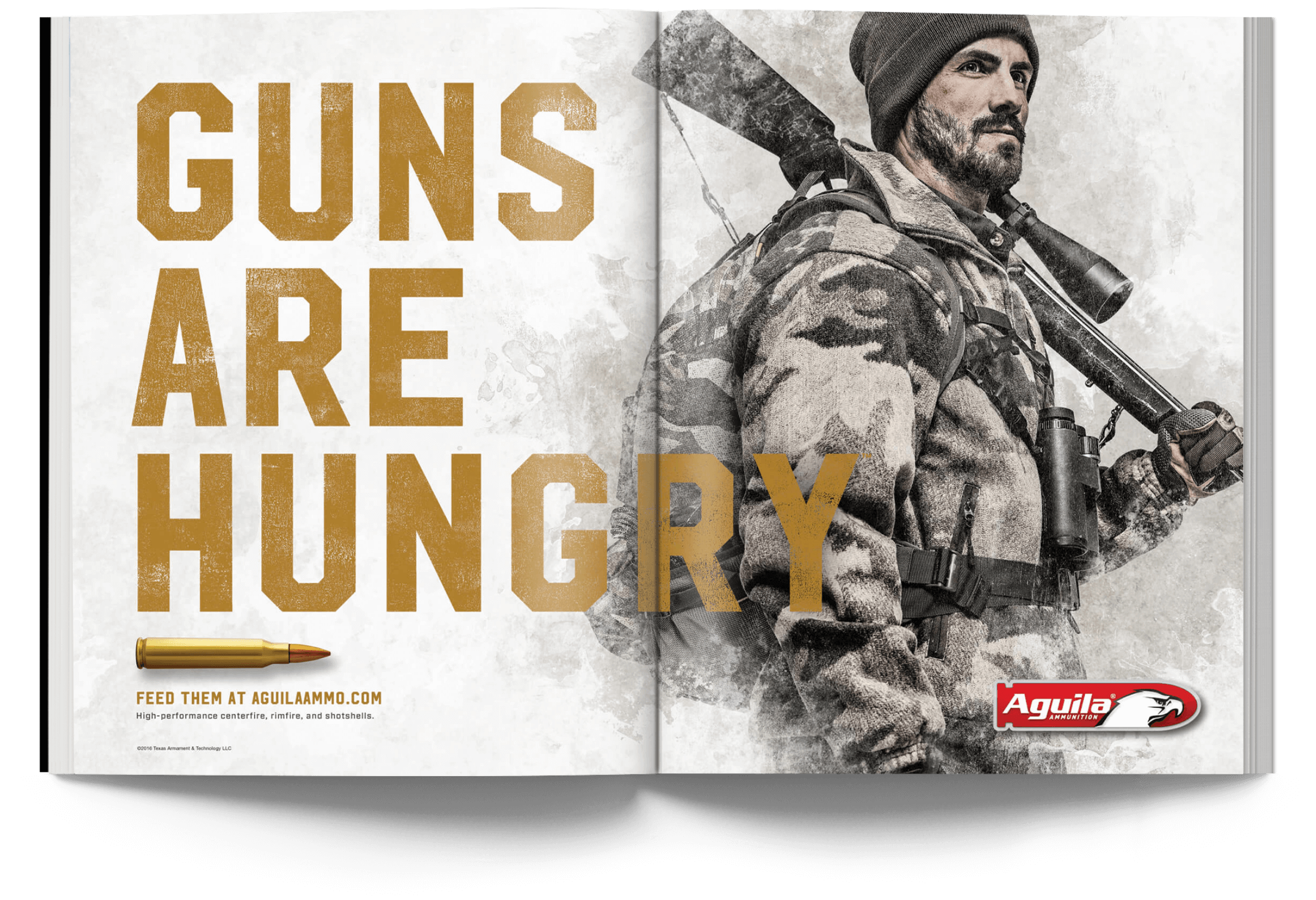 Aguila tagline in a spread: Guns Are Hungry